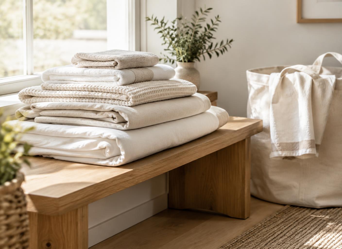 Neatly folded linens and towels stacked beside a laundry bag