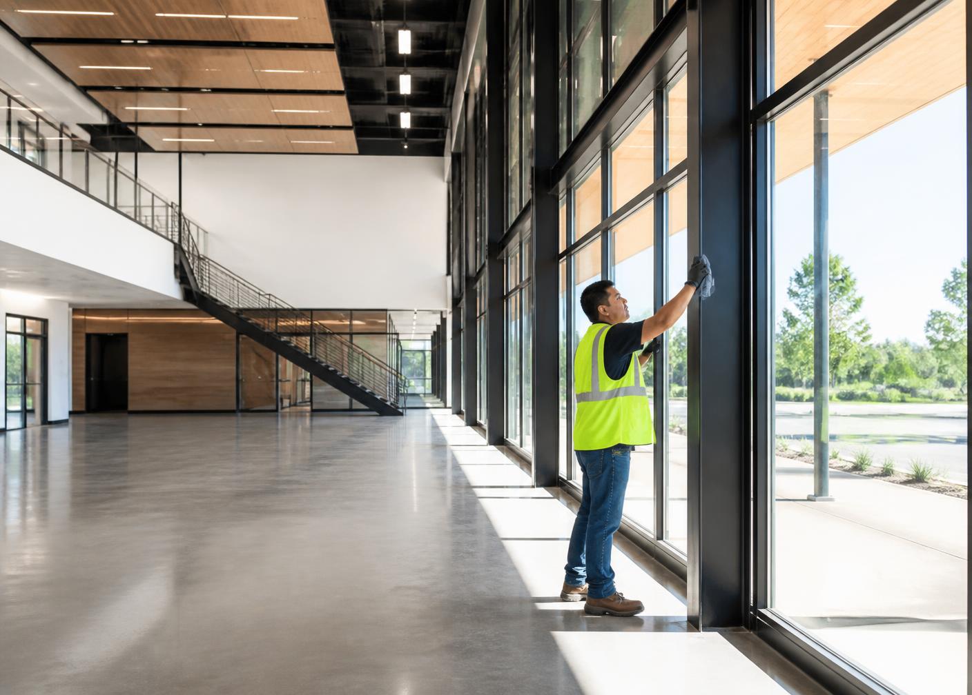 Worker performing final post-construction cleaning on new commercial glass