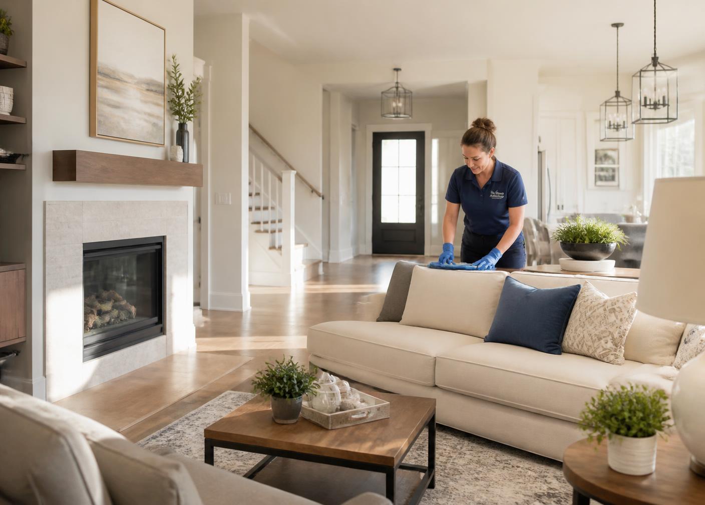 Clean, bright living room after a residential house cleaning service