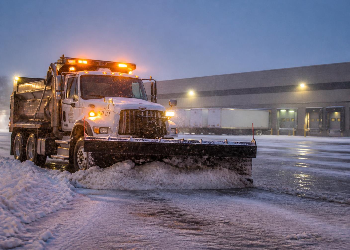 Commercial snow plow clearing a Wisconsin parking lot before dawn